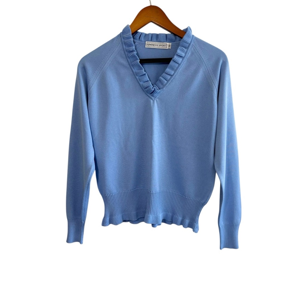 Givenchy Women’s 38 Light‎ Blue Ruffle V Neck Sweater Preppy Designer Coquette